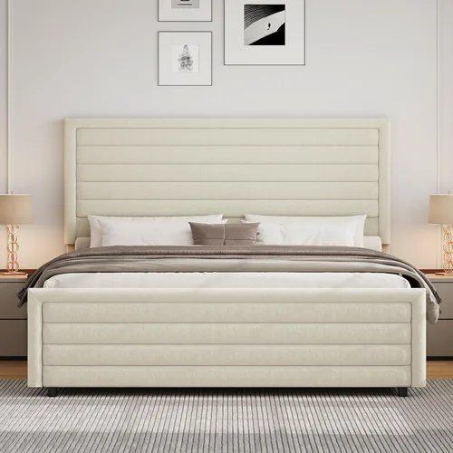 Vista 6 de REVOMINCA Armazón de cama tamaño completo (Full Size), plataforma tapizada con cabecera y pie de cama de terciopelo, base de colchón con listones