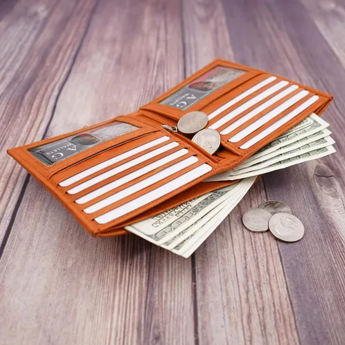 Vista 3 de ag wallets Billetera bifold europea de piel auténtica RFID para hombre, 2 ventanas de identificación, Bronceado mermelada, Cartera Rfid plegable Lage
