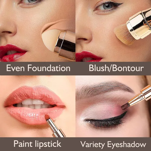 Vista 2 de Juego de brochas de maquillaje 4 en 1 de viaje, mini brocha de maquillaje de doble extremo, pluma, base, corrector de polvo, rubor, brochas