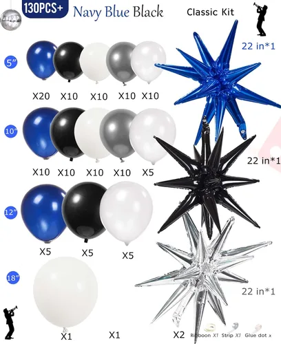 Vista 7 de Kozee Kit de guirnalda de globos azul marino y negro, 132 piezas azul oscuro con arco de globos en explosión de estrellas blancas plateadas
