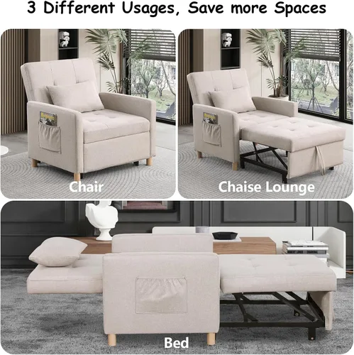 Vista 4 de Silla de cama convertible, sofá cama extraíble con respaldo ajustable, tela de lino, silla convertible con bolsillo lateral para sala de estar