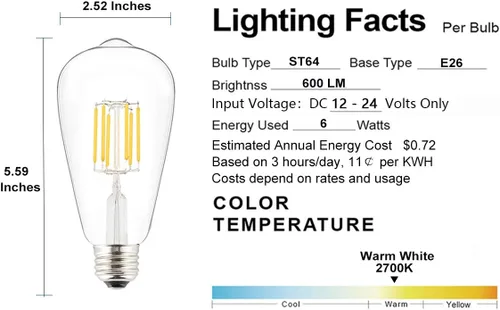 Vista 3 de Bombilla LED de bajo voltaje CC 12V/24V 6W, estilo Edison ST21 (ST64), forma antigua, atenuador PWM DC de 12 V, base común E26, luz blanca cálida