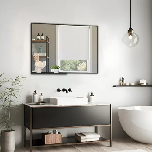 Vista 14 de ANYHI Espejos de baño para pared, espejo de pared de metal con estante, perfecto para sala de estar, dormitorio, entrada, rectangular, vertical Negro