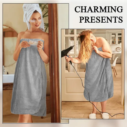 Vista 12 de Tigeen 2 toallas para mujer, bata de spa ligera a rayas con cierre ajustable, parte superior elástica, bata de baño suave para spa