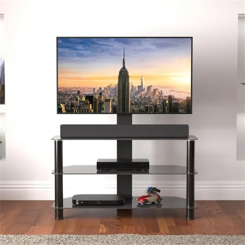 Vista 2 de AVF Soporte de TV de vidrio negro con soporte para televisores de hasta 60 pulgadas, soporte de TV de piso de acero y centro de entretenimiento