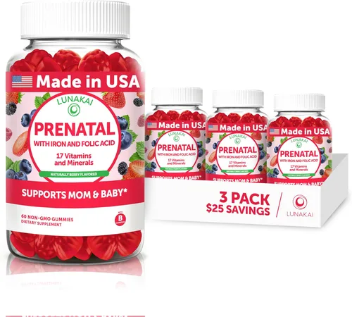 Vista 11 de Lunakai Vitaminas prenatales 17 en 1 fabricadas en Estados Unidos para mujeres con hierro y ácido fólico, deliciosas gomitas prenatales diarias