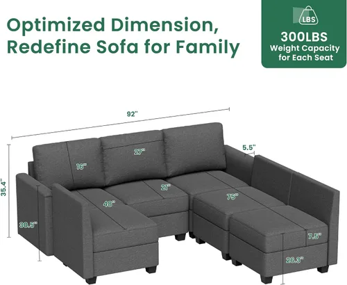 Vista 2 de Sofá modular modular con asiento de almacenamiento, sofá convertible para sala de estar, sofá en forma de L de 6 asientos o en forma de U con cojín