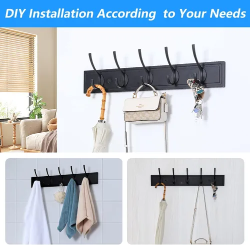Vista 5 de HOME MASTER HARDWARE Perchero de pared negro, ganchos de pared de MDF para colgar abrigos, estante decorativo para sombreros de 27" para pared con 5