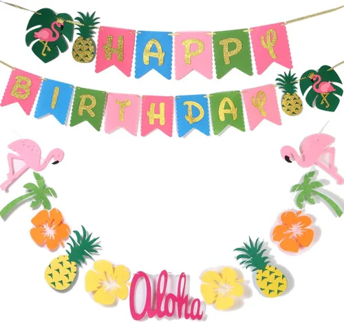 Vista 9 de Decoración de fiesta hawaiana Suministros de fiesta Luau Banner tropical hawaiano, guirnalda de flamencos para suministros de cumpleaños