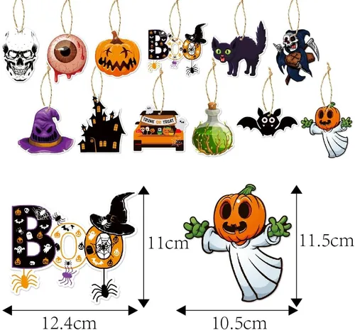 Vista 6 de Adornos de Halloween para árbol, decoraciones colgantes de árbol de Halloween, calabaza, gato negro, cráneo, murciélago, globo ocular, dulce