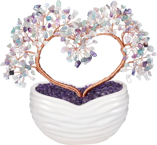 Vista 14 de GEHECRST Árbol de cristal de curación de 7 chakras en forma de corazón, cristal de piedra preciosa, bonsái del árbol del dinero, ornamento
