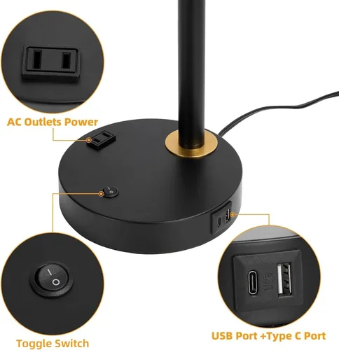 Vista 7 de Lámpara de escritorio con USB-C, USB-A y toma de CA, lámpara de escritorio de metal ajustable con cabezal giratorio de 340°, lámpara de mesa
