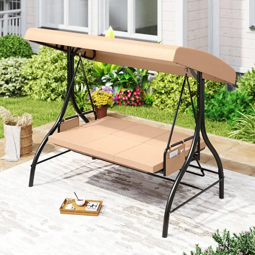 Vista 3 de Tangkula Columpio para porche para 3 personas, columpio convertible 2 en 1 para exteriores con toldo ajustable, cojines extraíbles, marco de metal