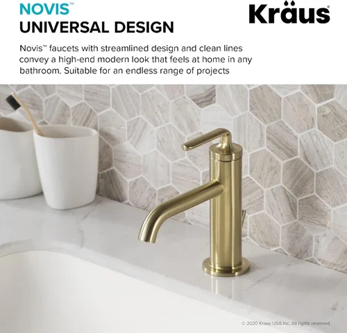 Vista 4 de KRAUS Ramus KBF-1221BG-2PK - Grifo de lavabo de baño de una sola manija con drenaje de varilla de elevación en oro cepillado