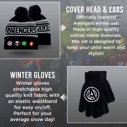 Vista 2 de Marvel Avengers - Juego de sombreros de invierno y guantes de nieve para niños y niños pequeños con lindos guantes y gorro suave, pompones esponjosos