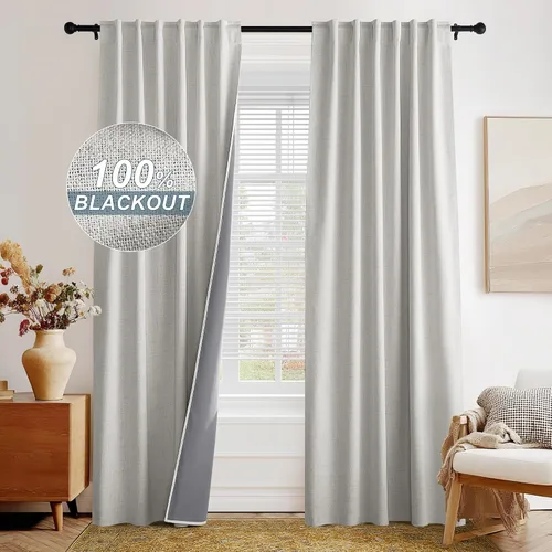 Vista 2 de PONY DANCE Cortinas de lino 100% opacas de 63 pulgadas de largo para dormitorio, sala de estar, oscurecimiento completo, bolsillo para barra