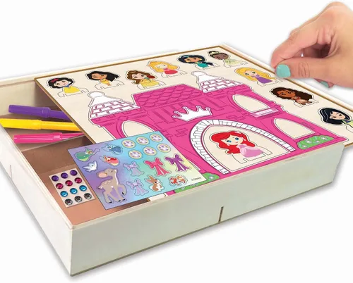 Vista 3 de Disney Princess - Juego de actividades de decoración de castillo de madera – Kit de manualidades de castillo y princesa con calcomanías, marcadores