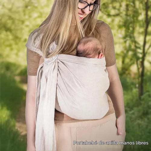Vista 9 de Portabebés con Eslinga de Anillo - Probado en Laboratorio de EE. UU., 100% Algodón Muslin Natural, Eslinga de Anillo transpirable y ergonómica Beige
