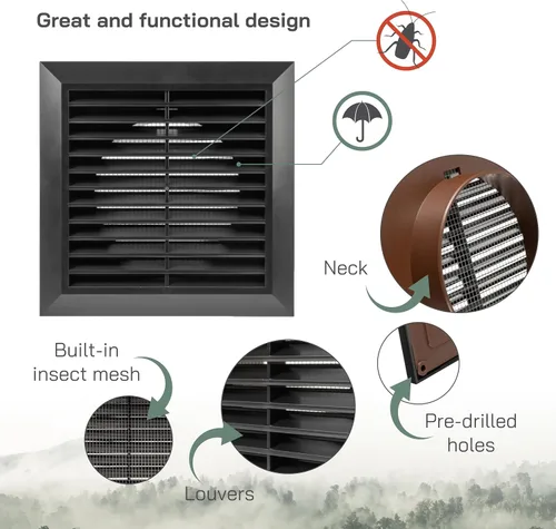 Vista 3 de Vent Systems Cubierta de ventilación negra de 4 pulgadas, cubierta de ventilación de plástico duradero con cuello de montaje y pantalla de malla