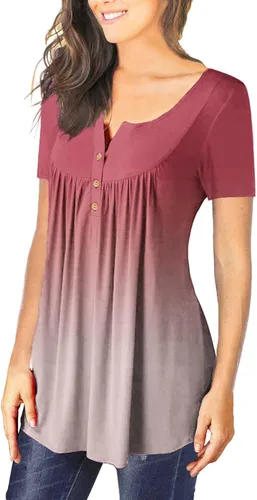 Vista 3 de Gradient Loose Fit Long Tee Shirts for Ladies Summer Fall Short Sleeve Crew Neck Pleated Tops Shirts Women 2024