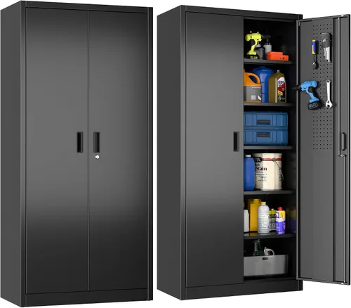 Vista 10 de Aobabo Armario de almacenamiento de garaje de 31.5 pulgadas de alto con 2 estantes, gabinete de metal con cerradura y 4 ganchos para garaje
