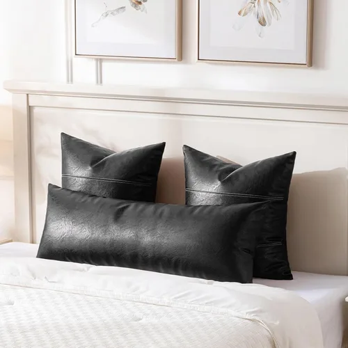 Vista 2 de Fancy Homi - Funda de almohada decorativa de cuero sintético larga lumbar bohemia negra de 14 x 36 pulgadas para dormitorio, sofá, cama, banco Negro