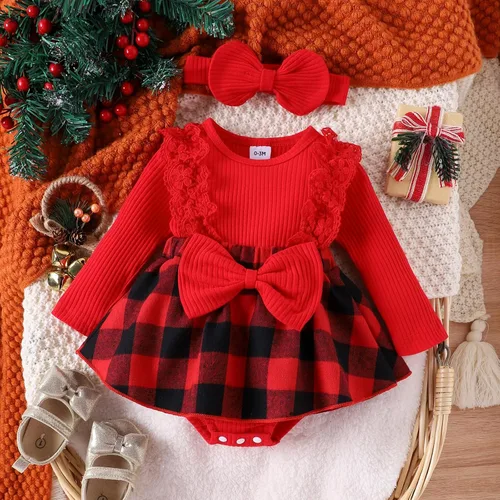 Vista 2 de Ehfomius Conjunto de mameluco de Navidad para bebé niña, con volantes, de manga larga, a cuadros, con diadema