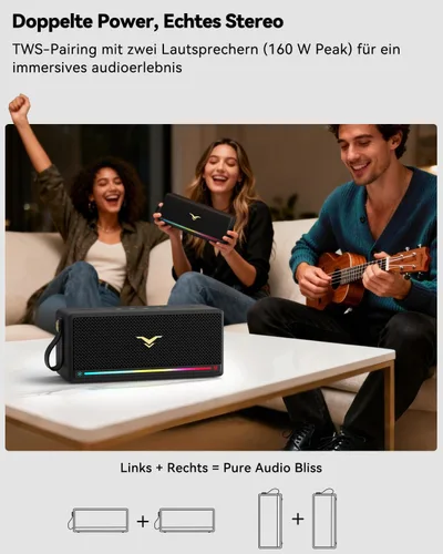 Vista 5 de Altavoz Bluetooth, altavoz retro StageSound inalámbrico, altavoz portátil con refuerzo de graves, 80 W, IP67 impermeable, luces LED, emparejamiento