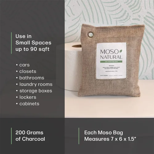 Vista 3 de Moso Natural Bolsa purificadora de aire de 7.05 oz (paquete de 4). Un eliminador de olores sin olor para automóviles, armarios, baños, áreas