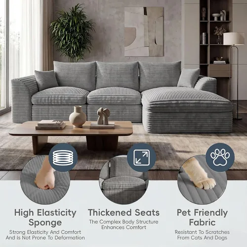 Vista 7 de Sofá modular modular de 106 pulgadas con asiento profundo, sofá de pana en forma de L con diván reversible, juego de 3 piezas para sala de estar Gris