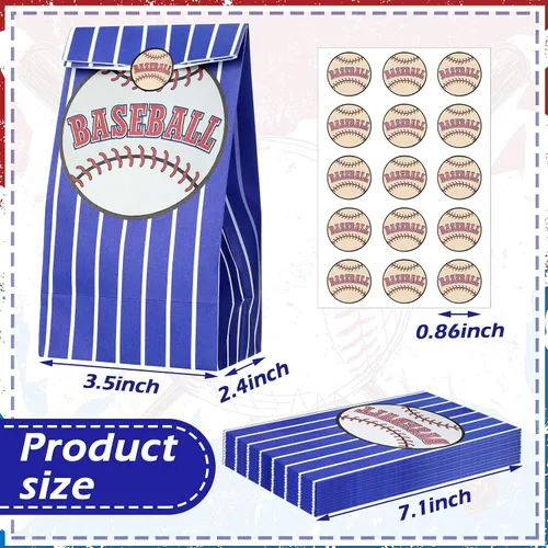 Vista 5 de Outus 30 bolsas de regalo de béisbol, bolsas de papel azules con calcomanías para fiestas temáticas de equipo, decoración de cumpleaños, celebración