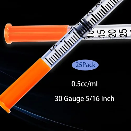 Vista 4 de Jeringa de 0.5 ml, suministros de laboratorio, 30G, 5/16 pulgada, envueltas de manera individual, paquete de 25