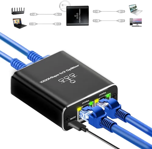 Vista 10 de Divisor Gigabit Ethernet Pushua 1 a 2 de Alta Velocidad, Divisor de Internet 1000Mbps 1 Entrada 2 Salidas, LAN con Cable de Alimentación USB, RJ45