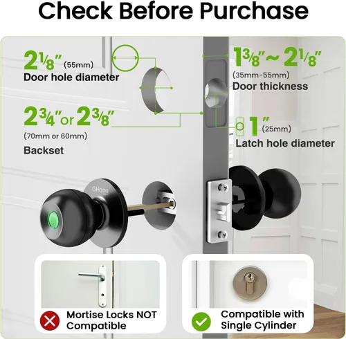 Vista 7 de GHome Smart Cerradura de puerta de huellas dactilares, perilla de puerta inteligente 3 en 1 con control de aplicación y llave, bloqueo automático