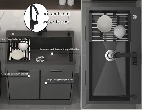 Vista 4 de Fregadero utilitario para lavadero con gabinete y grifo, fregadero de cocina y gabinete, fregadero de acero inoxidable para baño, lavabos de tocador