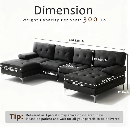 Vista 2 de Wimarsbon Sofá en forma de U de 106 pulgadas con diván doble, moderno juego de sofá modular tapizado de 4 asientos para sala de estar, dormitorio