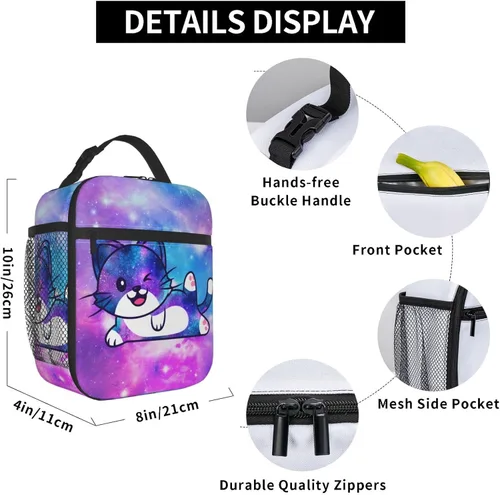Vista 6 de Lonchera térmica con estampado de gatos Galaxy con asa desmontable, lonchera reutilizable para niñas, niños y adultos