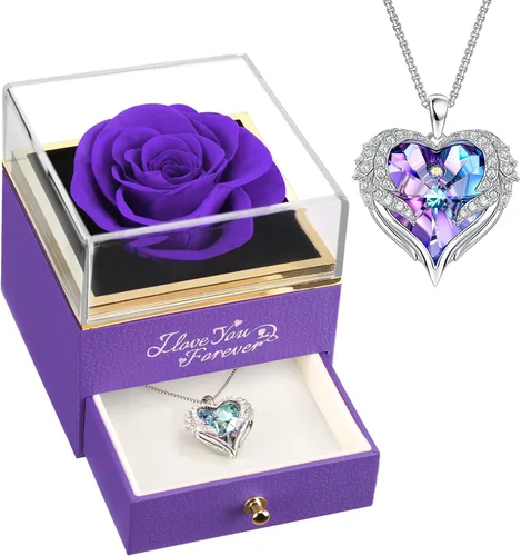 Vista 9 de NEWNOVE Rosa real preservada en color azul claro con collar de ángel, regalos de aniversario y cumpleaños para mujeres, esposa, novia, mamá, ideas