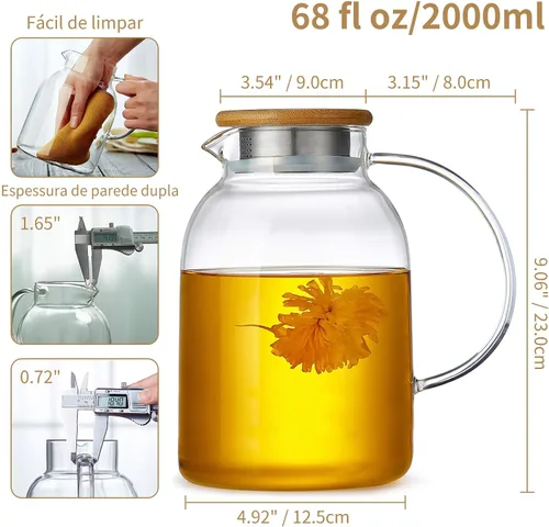 Vista 6 de Tetera grande de vidrio con infusor, apta para estufa, vidrio de borosilicato grueso resistente al calor, 68 onzas líquidas, hervidor de té