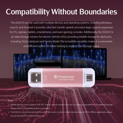 Vista 3 de Transcend ESD310 SSD externo de 2 TB, hasta 1,050 MB/s, unidad USB dual para iPhone17,16,15, iPad y Mac/Tesla/Steam Deck/ROG Ally/MSI Rosa