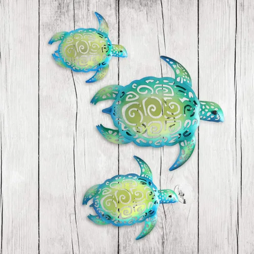 Vista 2 de YOUIN Juego de 3 decoraciones de pared de metal con temática de tortuga marina y playa, decoración de pared para interiores y exteriores, baño