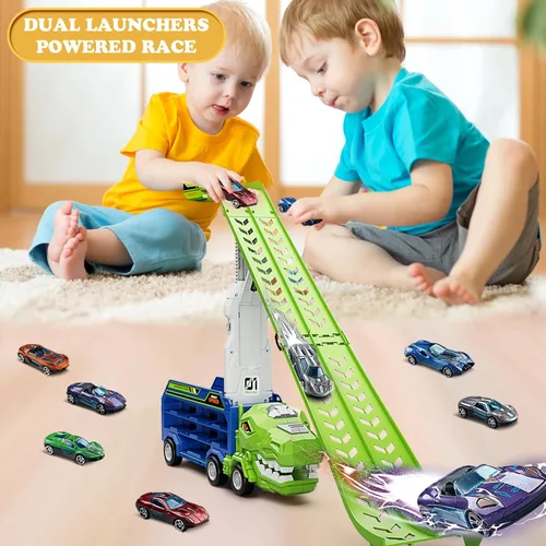Vista 5 de Juguetes de camiones de dinosaurio para niños de 3, 4, 5, 6, 7, 8 años, juguetes de pista de carreras de camiones transportadores, juguete de coche
