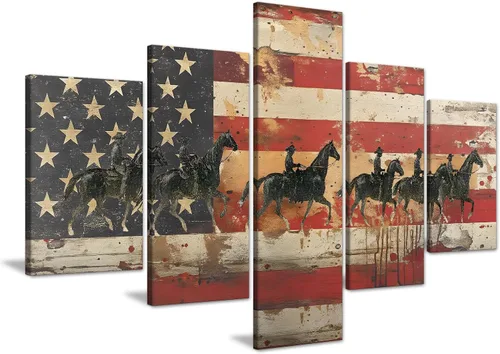 Vista 9 de Cuadros decorativos para pared de sala de estar, impresión en lienzo, retro, vintage, bandera estadounidense estadounidense y pintura moderna