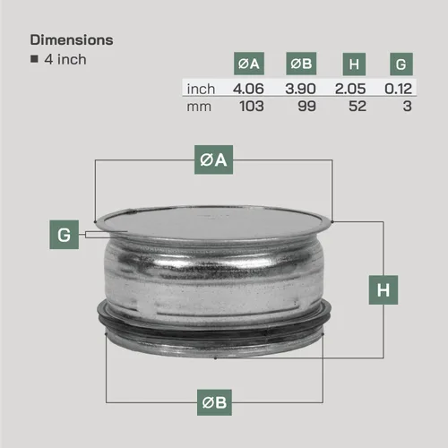 Vista 2 de Vent Systems Tapa de extremo de conducto de acero galvanizado de 4 pulgadas con junta de goma - Tapa de ventilación de secadora - Tapón redondo