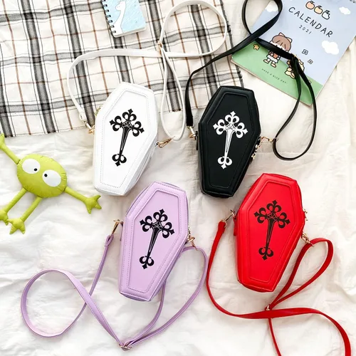 Vista 3 de Bolso gótico de piel sintética para mujer bolso cruzado con forma de ataúd bolso pequeño para teléfono celular bolso de hombro para Halloween cosplay