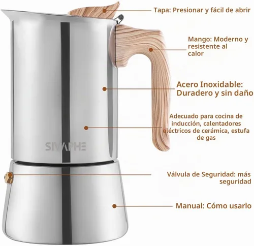 Vista 8 de Sivaphe Cafetera Espresso para Estufa de Acero Inoxidable 3.5 oz, 1-2 Tazas Cafetera Inducción Olla Moka, Olla Moka de 100ml Campaing, Olla Moka 2