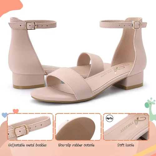 Vista 29 de Athlefit Sandalias para niñas, puntera abierta, correa en el tobillo, tacones bajos, zapatos de vestir para niñas pequeñas y grandes