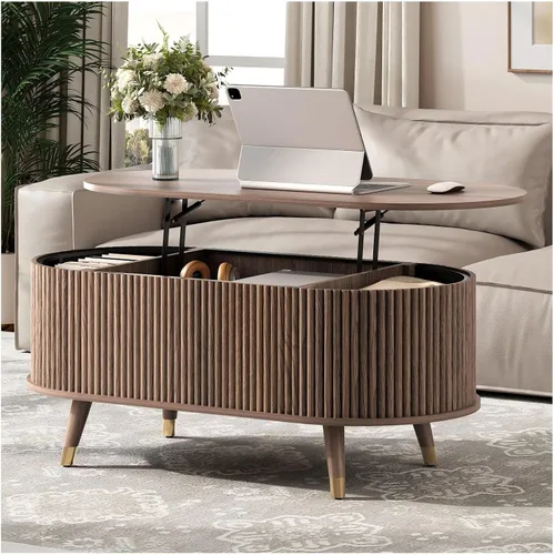 Vista 9 de JOINICE Mesa auxiliar ovalada de 42.5 pulgadas con almacenamiento, moderna mesa central negra con diseño estriado, patas de madera maciza