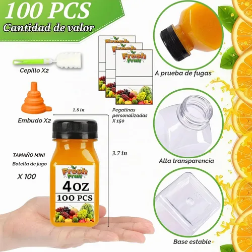 Vista 2 de 100 mini botellas de plástico para jugo de 4 onzas con tapas, botellas transparentes reutilizables con etiquetas, embudo y cepillo, adecuadas