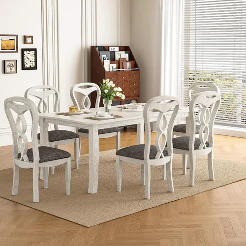 Vista 6 de VECELO Juego de mesa de comedor de madera maciza de 7 piezas con 6 sillas tapizadas, diseño moderno de fácil montaje para cocina y espacios